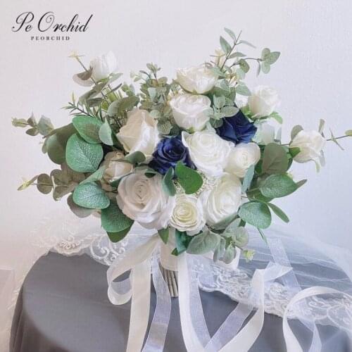 PEORCHID White Greenery Bridal Bouquet Royal Blue Rose Peonies Artificial Holding flowers Eucalyptus Beach Wedding Decoration