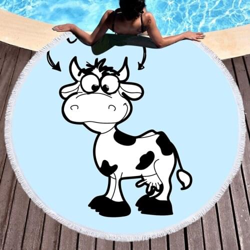 Big Eye Black And White Cow Round Tapestry Wall Hanging Blue Round Beach Towel Polyester Thin Blanket Yoga Shawl Mat Blanket