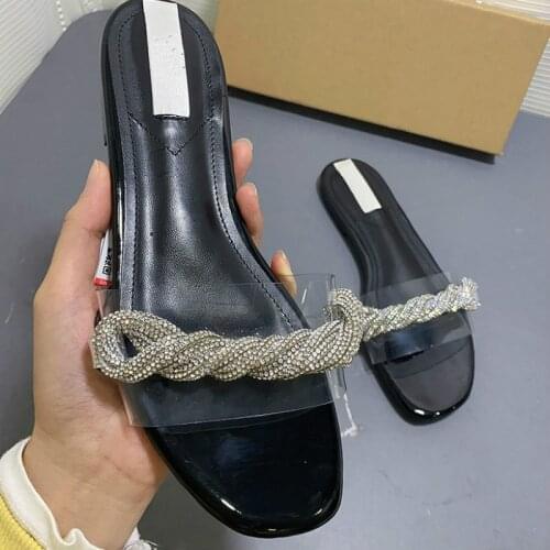 Slippers 2021 New Bling Rhinestone Womens Shoes Transparent Round Toe Flat Low Heel Outside Woman Slides Female Footwear