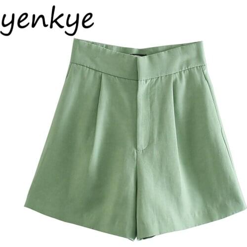 YENKYE Vintage Solid High Waist Shorts Women Side Pocket Summer Short Pants Casual pantalones cortos de mujer