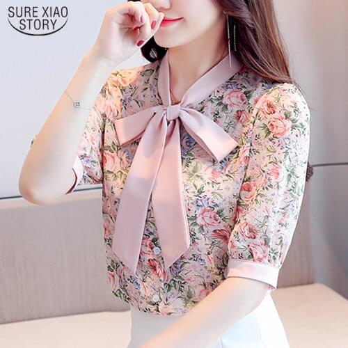 2021 Summer New Elegant Bow Chiffon Blouse Women Korean Slim Printed Office Lady Shirt Summer Tops Women Blusas 9543