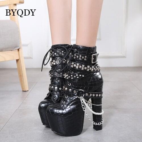 BYQDY Punk Women Ankle Boots Sexy Chains Rivets Platform High Heels Shoes Zipper Punk Shoes Female Patent Leather Shoes Boots