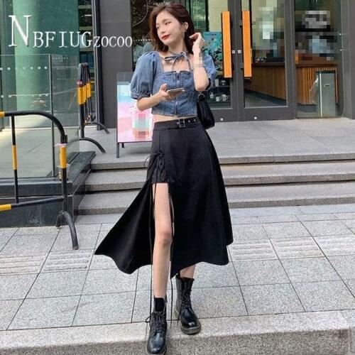 Plus Size New Design Denim Blouse And Black Skirt Women Sets Summer Slit Female Sets