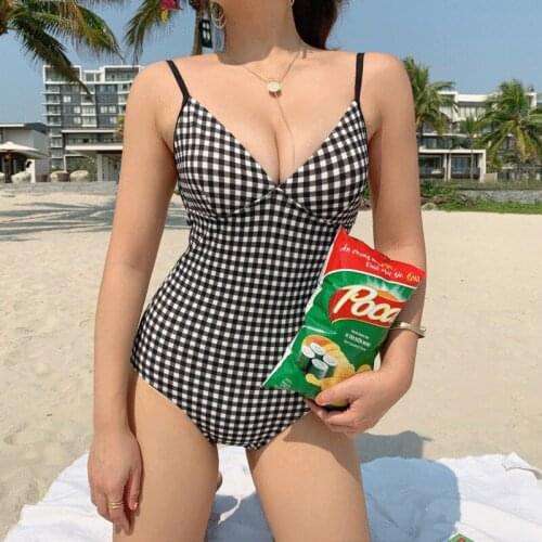 Womens One Piece Swimsuit Plaid Halter Shown Cleavage Backless Wireless Padded Bathing Suit Swimwear