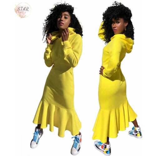 New Sweat Dress Women 2021 Casual Hoodie Yellow Bodycon Streth Ruffles Pencil Maxi Dresses Spring Clothes Wholesale Dropshipping