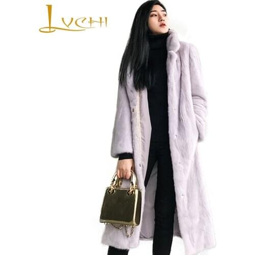 LVCHI Winter 2019 Import Swan Velvet Real Mink Fur Coats Womens Long Sleeve Coat Full Pelt Violet X-Long Causal Slim Mink Coats