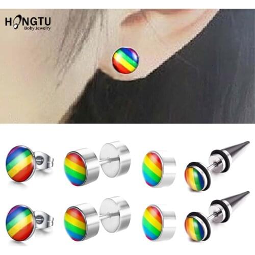 1 Pair Rainbow Epoxy Ear Piercing Fake Ear Tunels and Plugs Stainless Steel Magnet Stud Earring Men Women Punk Piercing Jewelry