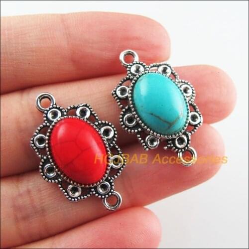 10Pcs Retro Tibetan Silver Tone Oval Flower Blue&Red Stone Charms Connectors 18x29mm