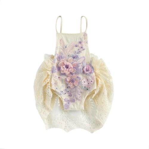 2021 Summer Clothing Baby Girl Fashion Suspender Jumpsuits Embroidery Flower Sweet Lace Crochet Backless Lace-Up Triangle Romper