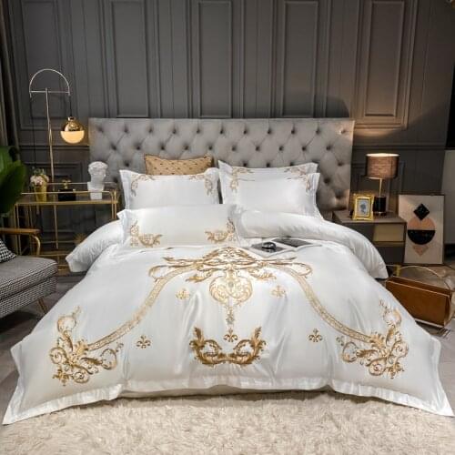 2021 Luxury White European Gold Royal Embroidery Soft Satin Silk Cotton Bedding Set Duvet Cover Flat/Fitted Sheet Pillowcases