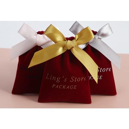 50pcs Wine Red Velvet Bag with Ribbon Jewelry Ponch for Wedding Party Candy Bag Orgaizer Earrings Mariage Personalizado Custom