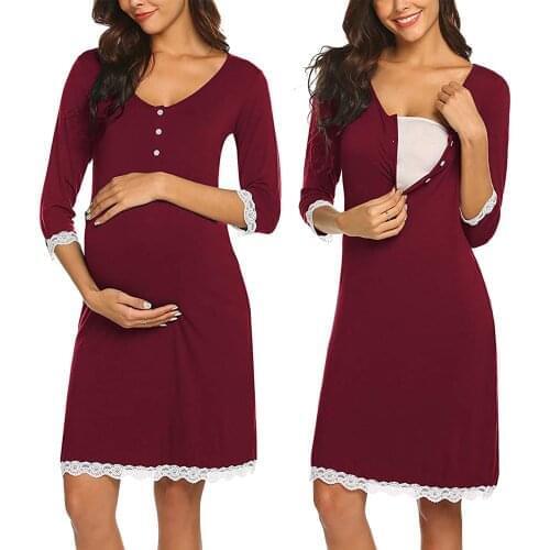 Maternity Pajamas Pregnant Women Button Lace Sleepwear 3/4 Sleeve Nursing Breastfeeding Nightdress Pregnancy Nightwear Nightgown