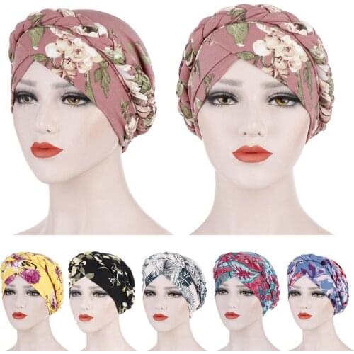 Women Braid Flower Printed Cancer Muslim Head Scarf Turban Hat Headwrap Cover Chemo Cap Hair Loss Ethnic Beanie Skullies