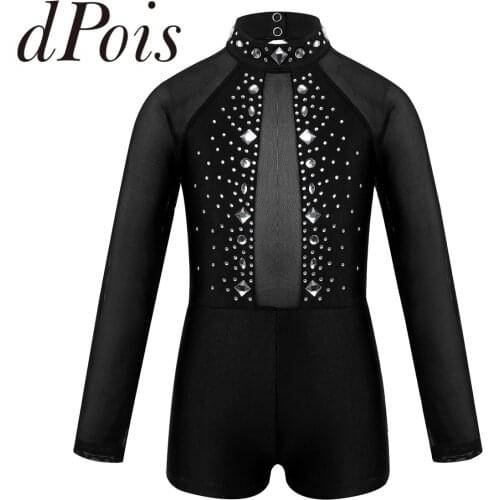 Girls Gymnastics Leotard Rhinestone Mock Neck Tulle Splice Backless Long Sleeves Ballet Dance Unitard Biketard Kids Dancewear