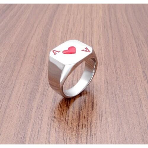 Free Shipping Punk Ace of Hearts Playing Cards Ring 316L Stainless Steel Mens Fashion Letter Red Color Epoxy A Rings Jewelry