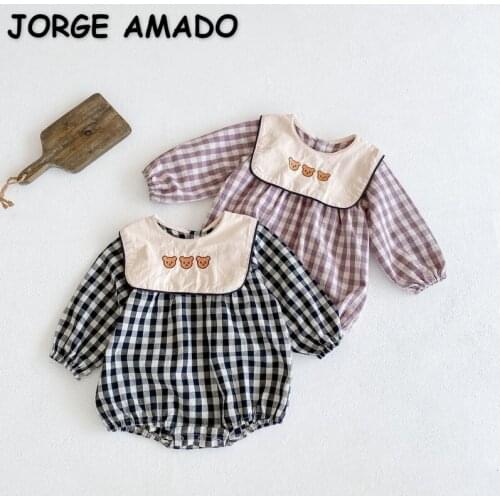 2021 New Autumn Baby Girls Bodysuit Long Sleeves Plaid Embroidery Bear Turn-down Collar Jumpsuit Newborn Outwear Clothes E2422