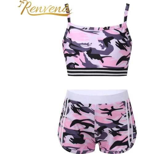 Yoga Sets Kids Girls Camouflage Sweatsuit Crop Top + Bottoms Printed Tracksuit Gymnastics Workout Fitness Outfit Sports Clothes