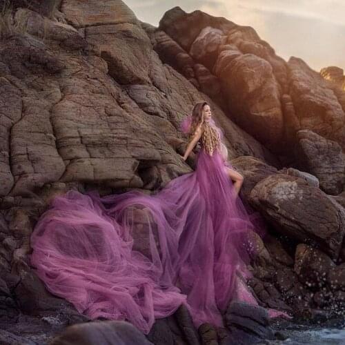 Pretty Purple Illusion Tulle Dress For Maternity Women Sexy See Thru Puffy Ruffled One Shoulder Draped Long Party Dresses