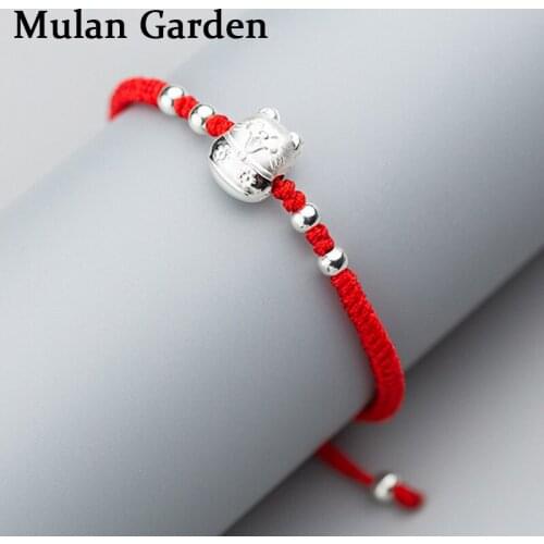 M&G Silver Color Red Bracelets for Women Lucky Cat Silver Bead Charm Bracelets Bangles Knitted Handmade Fashion Jewelry