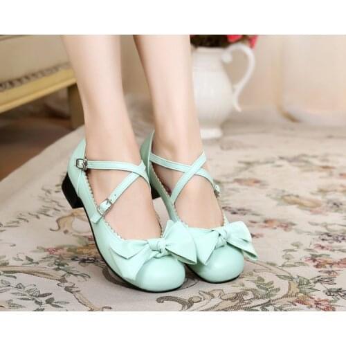Japanese Sweet Lolita Princess Shoes Cute Bow Low Heel Round Head Black/Pink/White/Blue/Brown Flat Platform Shoes