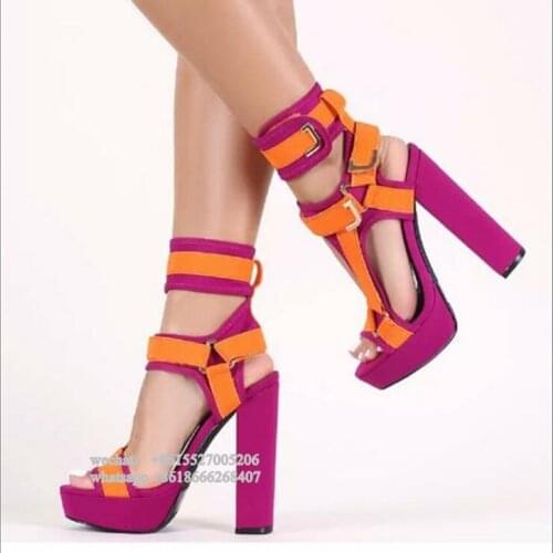 Fashion Red Orange Match Color Platform High Heel Sandals Women Block Heeled Ankle Wrap Buckle Designer Summer Shoes