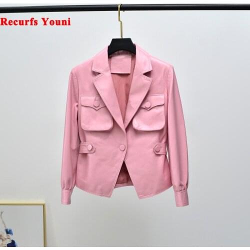 Sweet Pink Jackets For Women Female Korean Fashion Genuine Leather Big Pocket Slim Waist Blazer Suit Coat Mujer Chaquetas Winter