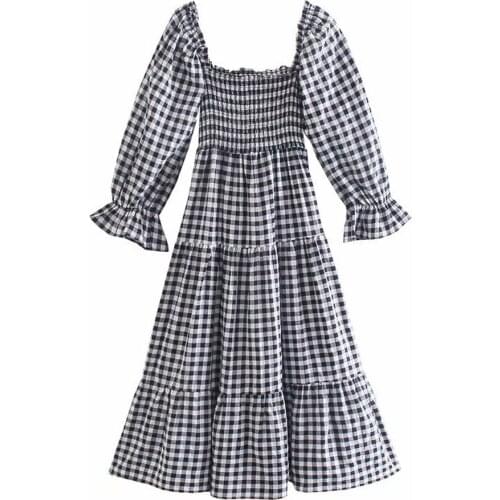 FASHION Women Summer Elasticity High Waisted Puff Sleeve Cotton Dress Female Casual Chic Bow Black And White Checked Midi Skirts