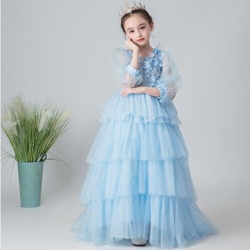 Flower Girl Dresses Illusion O-Neck Full Embroidery Appliques Crystal Princess Floor-Length Tulle Lace Blue Kids Party Gown H653
