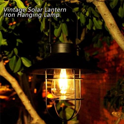 Retro Solar Hanging LED Lantern Metal Vintage Outdoor Waterproof Solar Garden Light with Warm Tungsten Bulb for Patio Yard Decor