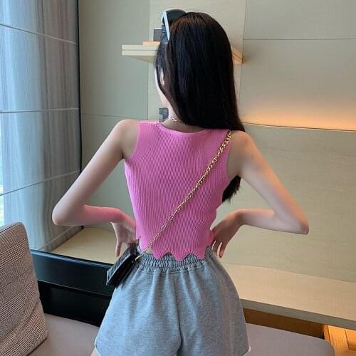 Sexy Knitted Crop Top Fashion Slim Fit Letter Wavy-shaped Hem Vest Sleeveless Tank Tops Camisole New