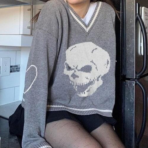 Y2K Sweaters Skull Pullovers V Neck Knitwear Loose Casual Knitted Jumpers Women Harajuku Knitted Sweater Retro Tops Autumn