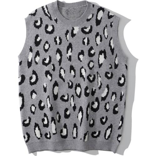LACIBLE Harajuku Sweater Leopard Print Knitted Sweater Contrast Sleeveless Vest Embroidered Streetwear Sweater Streetwear Retro