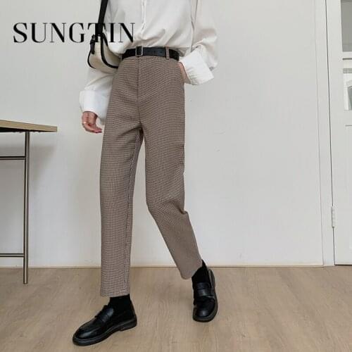 Sungtin Houndstooth Office Lady Ankle Length Pants Women Casual High Waist Straight Pants Loose Harem Pencil Trousers Korean OL