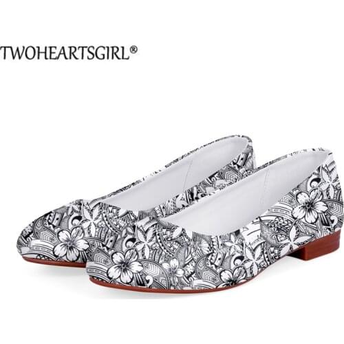 Twoheartsgirl Women Polynesian Flowers Design Flats Leather Slip on Flat Shoes for Woman Loafers Black Ladies Boat Shoes