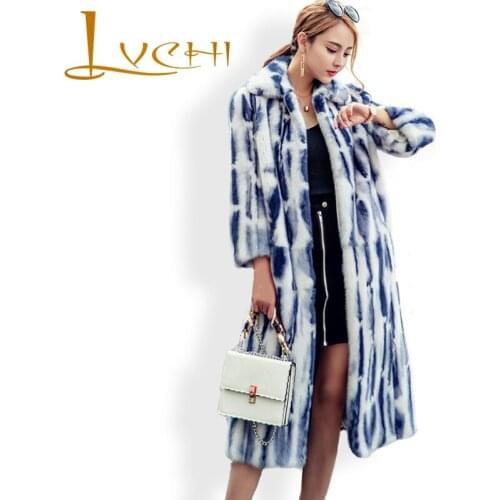 LVCHI Long Real Fur Coat Women Ink Blue Italy High-end printing Process Autumn Winter Mink Fur Loose Coat Commuter Style Coats