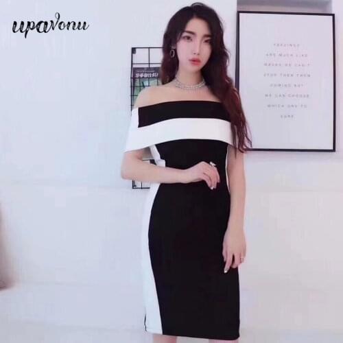 Free Shipping 2021 Summer Women Black and White Color Block Dress Sexy One-shoulder Bodycon Knee-length Dress Club Party Vestido