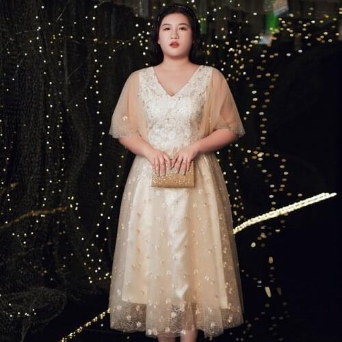Pleat Beads Short Sleeves Evening Dress V-Neck Empire Elegant Tea-Length Embroidery A-Line Plus Size Women Formal Gowns D1228