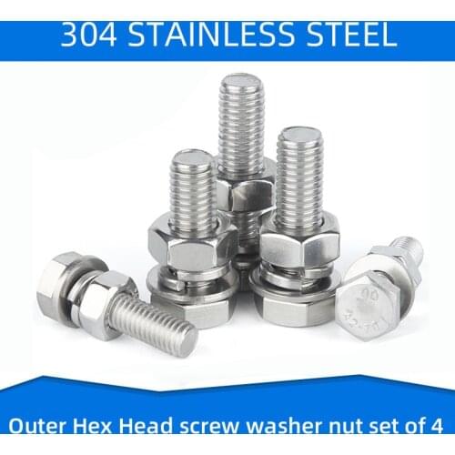 304 Stainless Steel Outer Hex Screw Bolt with washer Nut External Hexagon Screws set of 4 Bolt M3 M4 M5 M6