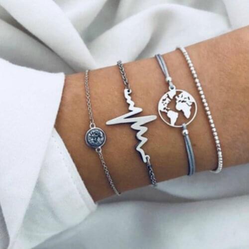 Silver color Women Fashion Punk Bracelet Simple Trendy map Metal Chain Bracelets Bohemian Retro Jewelry Accessories Bangles