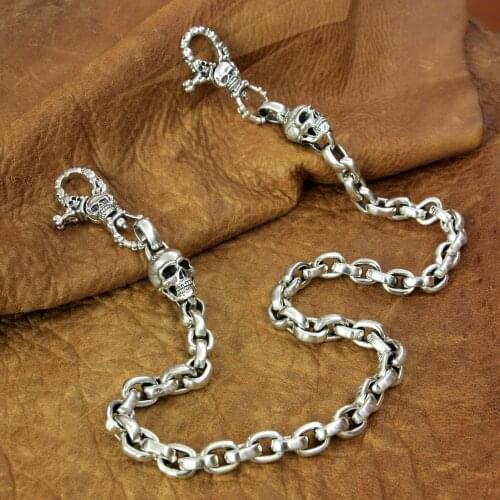 Skull Wallet Chain 925 Sterling Silver Mens Biker Rock Link KeyChain TA141WC