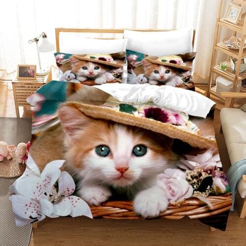 Cute Pet Cat Animal Pattern Quilt Cover Bedding Sets for Kids Children Bedroom Duvet Cover Bedspread with Pillowcases Bed Decor