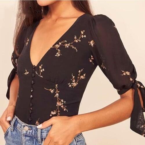 Women Sexy Center Buttons V neck Tie bow Cuff Slim Fit Blouse French Tops Vintage Floral Print Crop Shirt