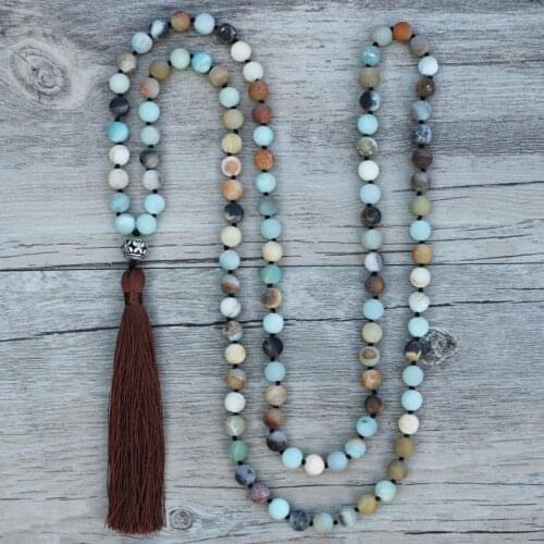 EDOTHALIA 8MM Matte Amazonite Beads Necklaces Womens Yoga Gift Natural Stone Handmade Knotted Tassels Long Necklaces