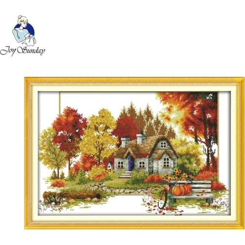 Joy Sunday Autumn Landscape Patterns Handcrafts Needlework DIY Cross Stitch Embroidery Kit of Cross-Stitch Painting for Ornament