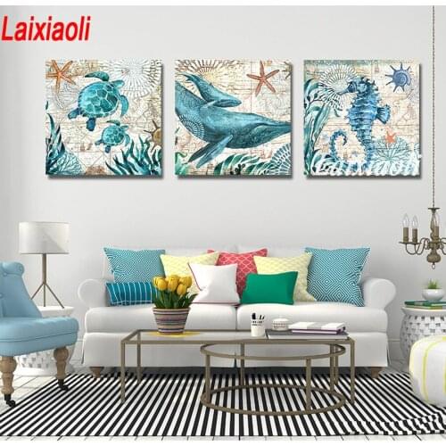 Marine Animal mosiac painting rhinestone Decoration Whale Sea Turtle Sea Horse pattern Wall Art diamond Painting 3 pcs decor