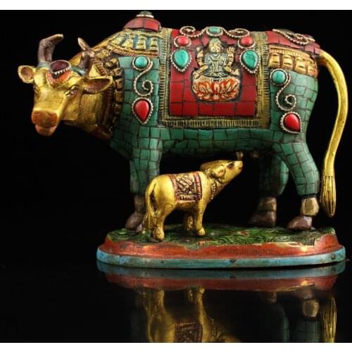 7"Tibet Temple Collection Old Bronze mosaic Gem outline in gold Bull statue Mother and child Cattle Ornaments Town House