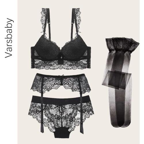 Varsbaby sexy embroidery push up underwear set 4pcs bras+garters+panties+stockings gather 3/4 cup deep V lingerie set