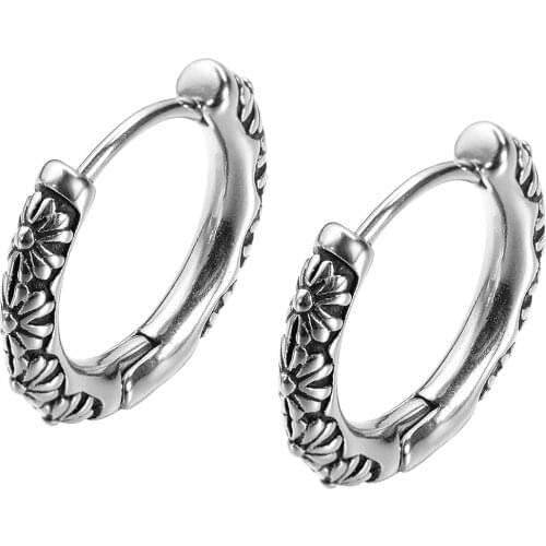 Punk Gothic Flower Daisy Round Men Womens Hoop Earrings Fashion Vintage Stainless Steel Hip Hop Jewelry Accessories Earrings