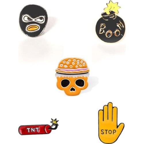 Punk Hip Hop Men Brooch Woman Jewelry Enamel Pin Cartoon Lapel Pin Stop Gesture Boom Firecracker Skull Badge Shirt Bag Hijab Pin