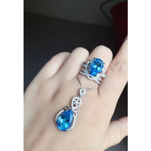 Natural blue topaz Ring Pendant necklace Natural Gemstone Jewelry Set 925 Silver Big luxury crown Women party gift fine jewelry
